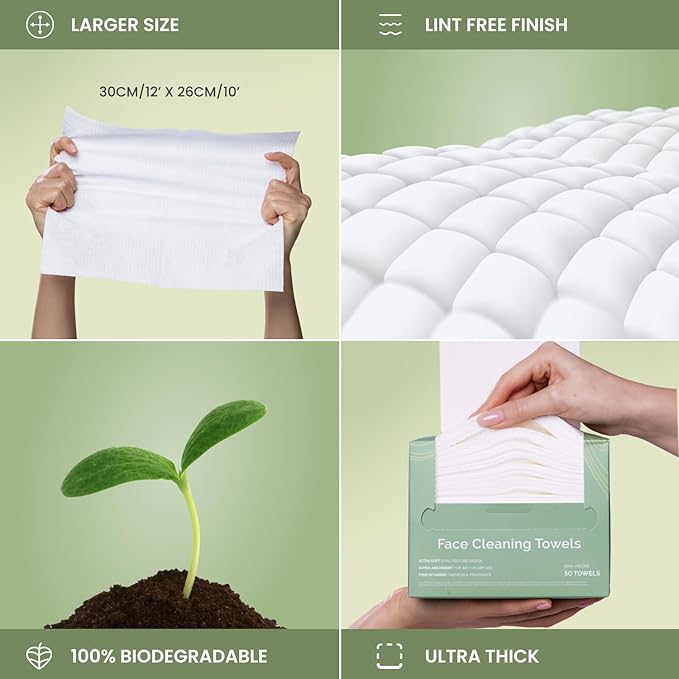 PLANTIFIQUE Disposable Face Towels XL 10"x12" - 100% Biodegradable Viscose Facial Towelettes for Women Skin Care - Face Cleaning Towel 50 Count