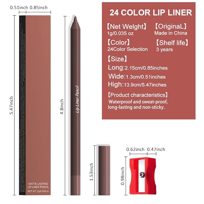 evpct 1Pcs Coconut Brown Matte Long Lasting Lip Liner Pencils Makeup for Shaping & Sculpting Lips, No Transfer Long Wear Waterproof Pigmented Lip Liner lipliners Crayon Lipstick Pencil Sharpener 06