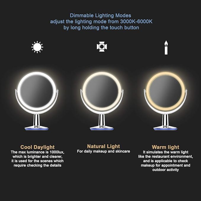 SuperGlow 9" Round Shaped Dual-sided Lighted Makeup Mirror, 1X/5X Magnifying Vanity Mirror, Brightness 1000Lux, 360 Degree Rotating Adjustable Brightness Mirror, Brushed Nickel Finish