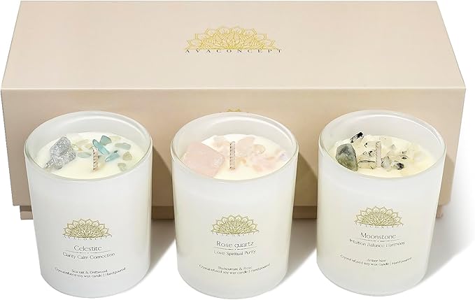 Soy Candles Healing Crystals.Rose Quartz,Moonstone,Blue Celestite Crystal. Black Currant&Rose, Amber Noir, Sea Salt&Drift Wood. Positivity Energy Gift for Women, 3PC Candle Set 3.5 oz Each