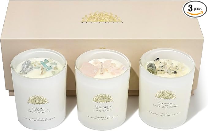 Soy Candles Healing Crystals.Rose Quartz,Moonstone,Blue Celestite Crystal. Black Currant&Rose, Amber Noir, Sea Salt&Drift Wood. Positivity Energy Gift for Women, 3PC Candle Set 3.5 oz Each