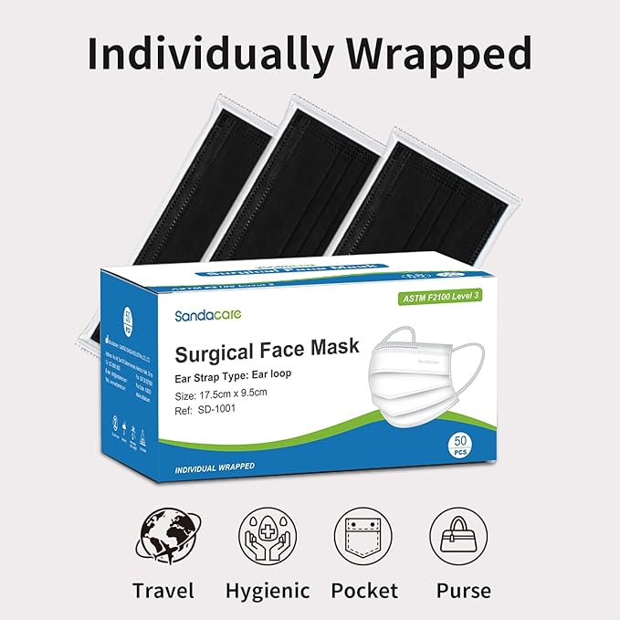 Face Masks Disposable for Adults, 3 Ply ASTM Level 3, Breathable & Comfortable, Individually wrapped Black 50 Pcs