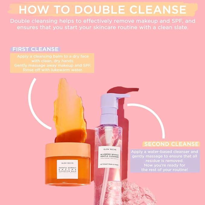 Glow Recipe Double Cleansing Kit for Glowing Skin - Includes Exfoliating Papaya Sorbet Enzyme Cleansing Balm + Mini Blueberry Bounce Gentle Face Cleanser - 2-Piece Facial Skincare Kit