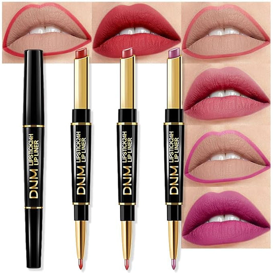 evpct 3Pcs Mauve Plum Red Purple Matte Lip Liner and Lipstick Combo Set Kit for Women, Neutral Magic Lipstick 24 Hours Original Lips Liner Pencil Stain Gloss Plumper Makeup Long Lasting Waterproof