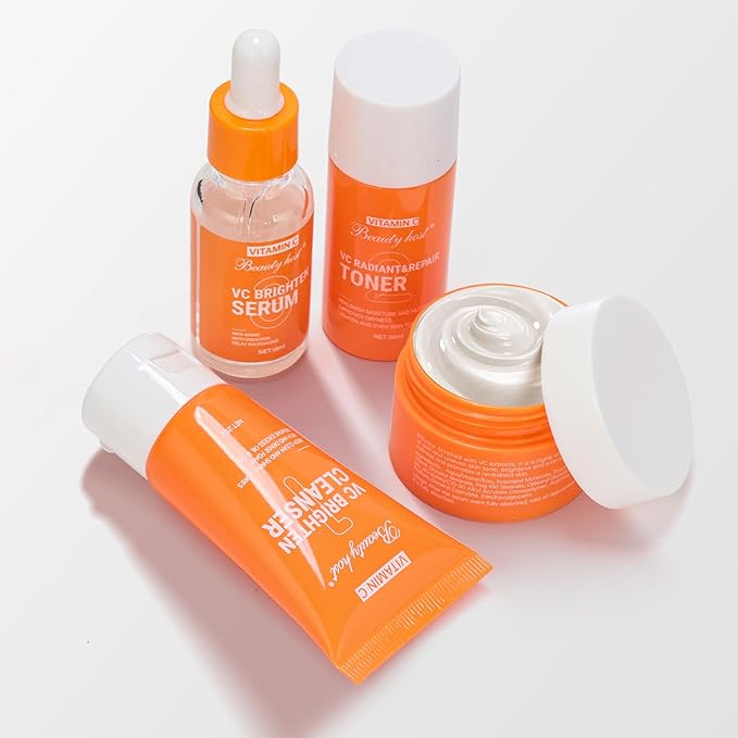 4 Pieces Vitamin C Facial Skin Care Set Gift Set Travel Size Kit,Skin Refreshing, Nourishing, Visibly Improve Tone, Enhance Radiance, Gift Set Travel Size Kit