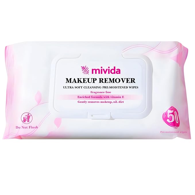 Mivida Hypoallergenic Makeup Remover Wipes | Daily Cleansing Facial Towelettes with Vitamin E For Sensitive Skin | 50 Count Fragrance-Free, Alcohol-Free Face Wipes
