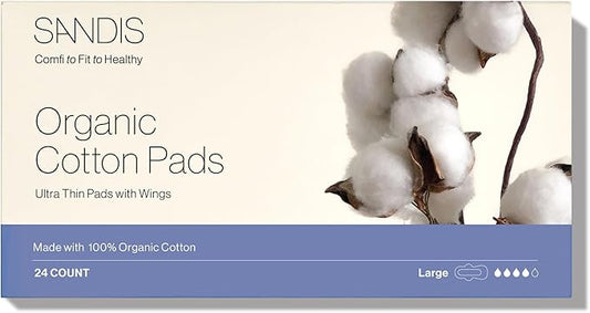 SANDIS Feminine Pad for Women - Large 24 Count 100% Organic Cotton Ultra Thin with Wings for Periods Menstrual Pads Sanitary Napkins Super Absorbency Leak Protection