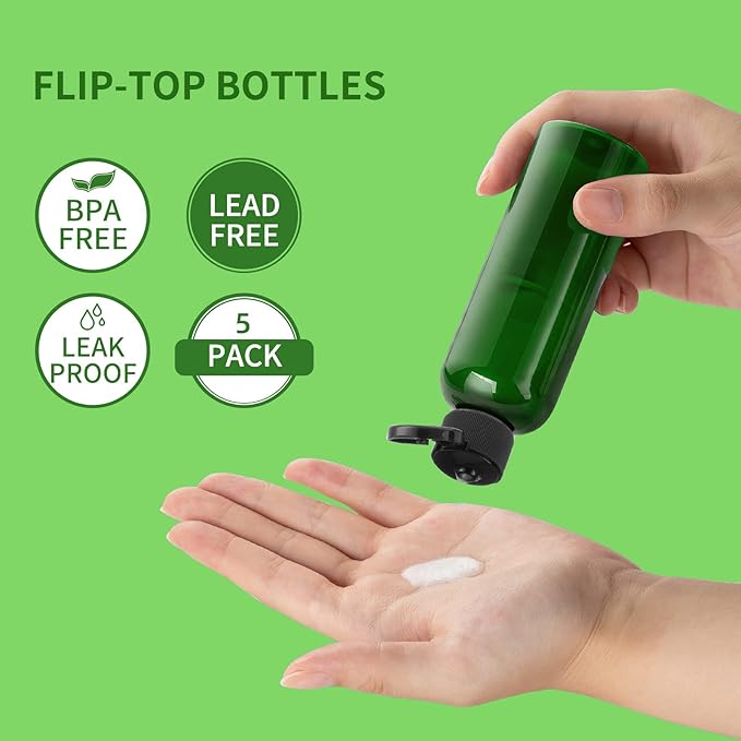 LISAPACK 3.4 oz Travel Bottles for Toiletries, Plastic Travel Size Containers for Shampoo Conditioner TSA Approved, Empty Small Squeeze for Lotion, Leak Proof Mini Liquid Tube for Refillable Green