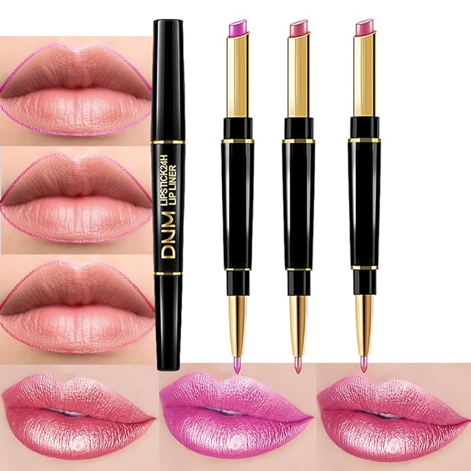 BINGBRUSH 3Pcs Double Ended Vivid Fuchsia Natural Pink Rose Metallic Lip Liner and Lipstick Makeup Combo Set for Women, Lipliner 24 Hours Original Waterproof Long Lasting Lip Stains Pencil Kit Set