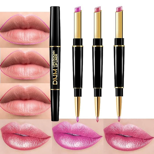 BINGBRUSH 3Pcs Double Ended Vivid Fuchsia Natural Pink Rose Metallic Lip Liner and Lipstick Makeup Combo Set for Women, Lipliner 24 Hours Original Waterproof Long Lasting Lip Stains Pencil Kit Set