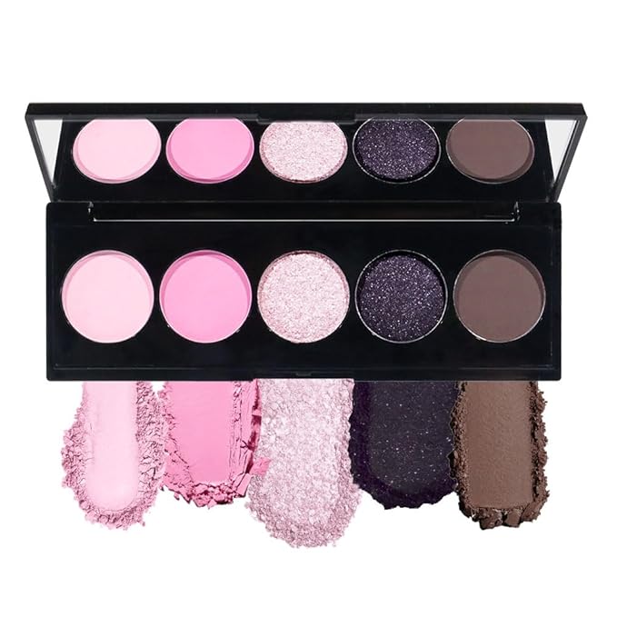 5 Colors Highlight Pink-Purple Eyeshadow Palette with Mirror, Pearl White Silver Brown Nude Rose Gold Glitter Shimmer Palette, Cruelty-Free, Vegan Formula, Matte Eyeshadow for Professional Makeup