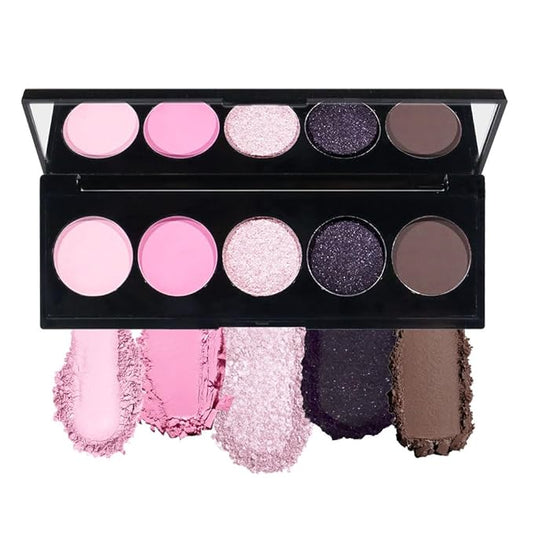 5 Colors Highlight Pink-Purple Eyeshadow Palette with Mirror, Pearl White Silver Brown Nude Rose Gold Glitter Shimmer Palette, Cruelty-Free, Vegan Formula, Matte Eyeshadow for Professional Makeup