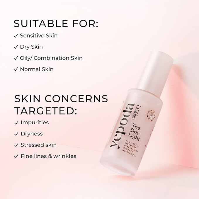 Yepoda The Day Light, Oil-Free Purifying Day Moisturizer with Rose Water, Mugwort & Niacinamide, Hydrating Vegan Korean Facial Moisturizer for All Skin Types, 1.69 FL. OZ. (50 ml)