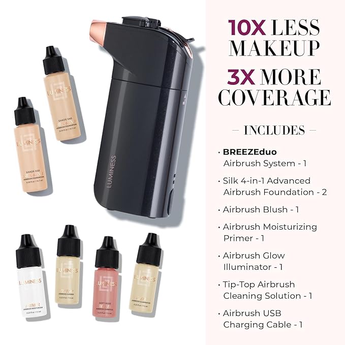 Luminess BREEZE DUO Airbrush Makeup System, Medium Coverage – 9-Piece Kit includes 2x Silk Airbrush Foundation, Soft Rose Blush, Glow Highlighter, Moisturizer Primer, and Airbrush Cleaning Solution