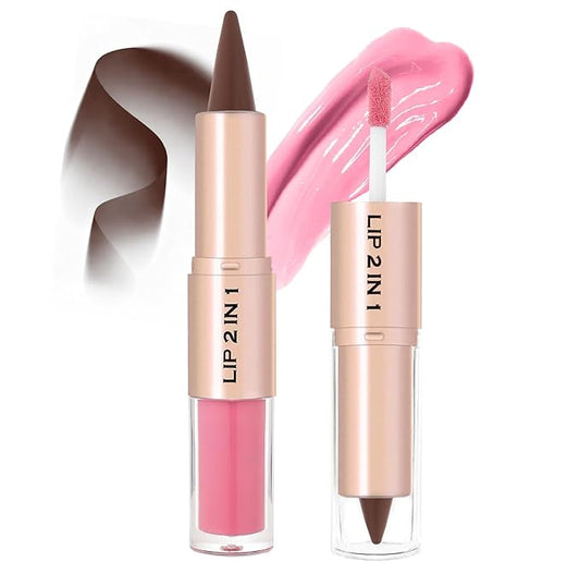 2-in-1 Dual-Ended Lip Liner Lipstick & Gloss Set, Lip Combo with Mirror Effect, Smooth Matte Lip Liner and Moisturizing Lightweight Lip Plumping set for Women, 03 Pink Cherry