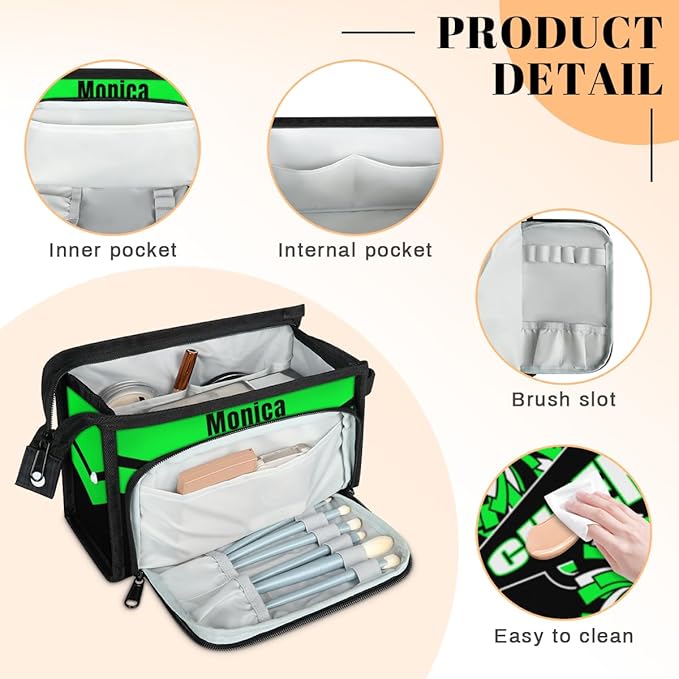 Custom-Makeup-Bag Personalized Travel Toiletry Bag Text Customized Cheer Makeup Bags Cosmetic Bags for Women With Divider & Handle Green