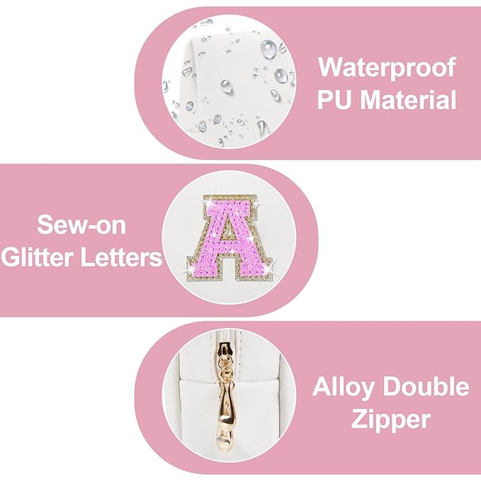 Small Initial Patch Makeup Bag Personalized Gifts Make Up Bag,White Cute PU Leather Glitter Letter Cosmetic Bag with Zipper,Trendy Portable Travel Toiletry Pouch,Preppy Stuff for Teen Girls Women A