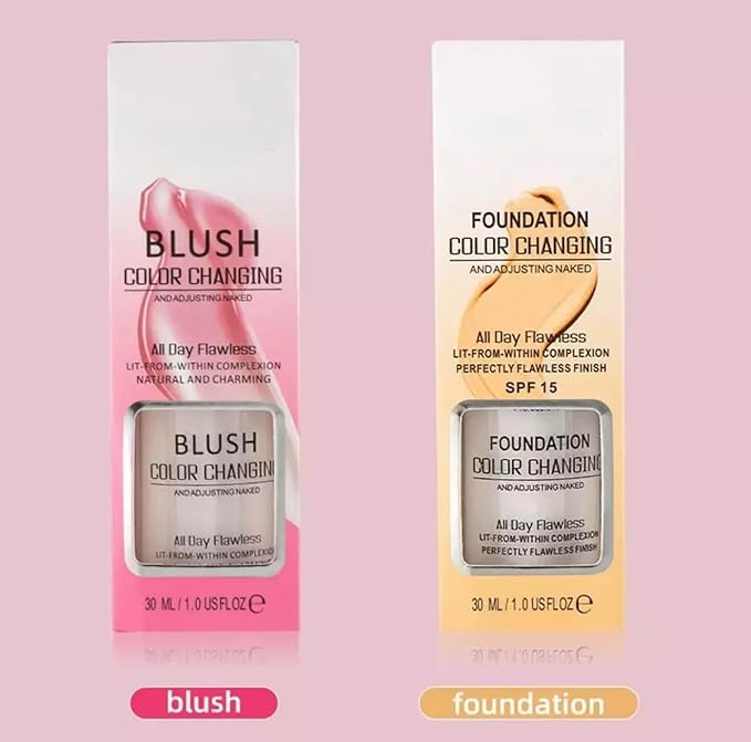 Color Changing Foundation Liquid Base and Color Changing Blush Set, BB Cream Makeup Base with SPF15, Concealer Cover Cream for All Skin Types