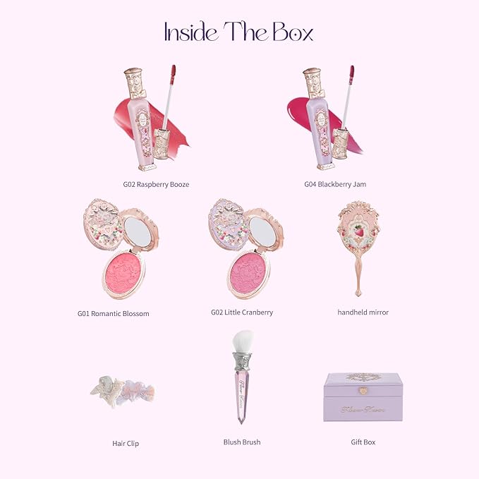 Flower Knows Violet Strawberry Rococo Makeup Box Set,8 Pack Makeup Box with Mirror,Lip Gloss×2+Blush×2+Blush Brush×1+Pink Handheld mirror×1+Hair Clip×1+Gift Box×1