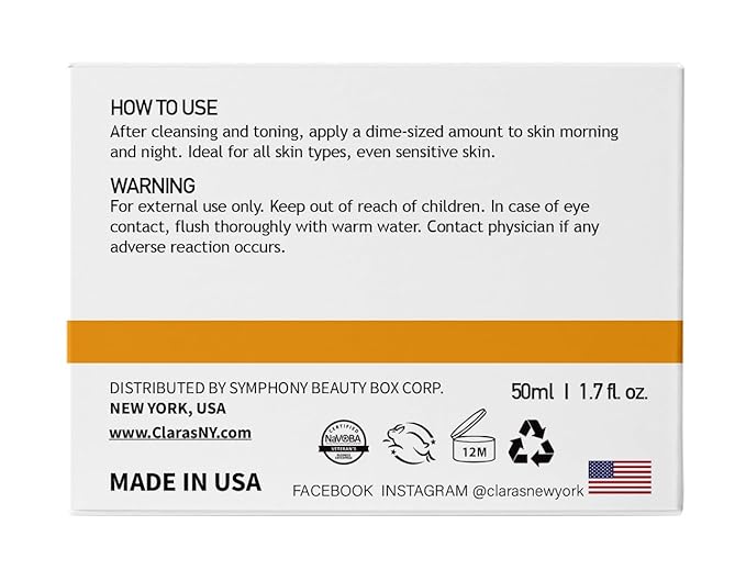 CLARA'S NEW YORK | Brightening Vitamin C Moisturizer Face Cream | with Hyaluronic Acid | Acne Scars Dark Spots Reduce Fine Lines, Healthy Glowing Skin | Non-sticky, Fast-absorbing | 50ml MADE IN USA