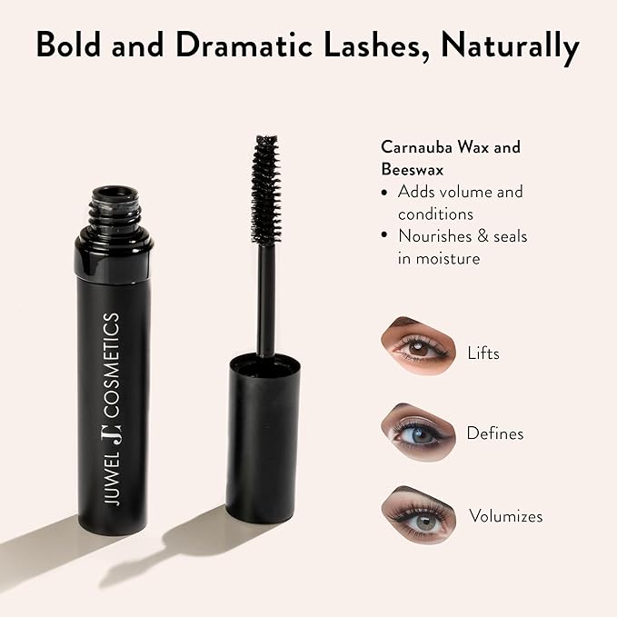 Juwel Cosmetics Onyx Black, Volumizing and Lengthening Mascara, Long-Wear Waterproof Mascara with Carnauba Wax and Beeswax, pH Balanced for Sensitive Eyes, Paraben-free, 10ml