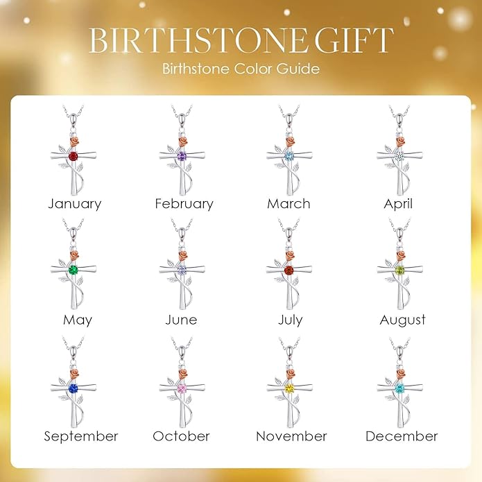 Cross Necklace for Women, 925 Sterling Silver Birthstone Necklace for Women with Rose Flower Birthstone Womens Jewelry Birthday Gifts for Wife Women