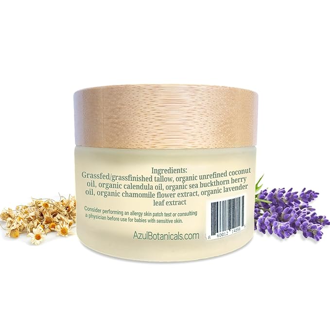 Baby Tallow Balm with Lavender Leaf and Chamomile Extract, Whipped Grass fed/finished Tallow, with Organic Ingredients for Delicate Skin (1.7 oz)