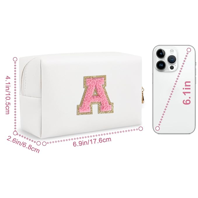 Personalized Makeup Bag Initial A-Z Preppy Patch Bag,Small PU Leather Travel Cosmetic Bag Pouch with Zipper,White Cute Toiletry Bag,Gift Ideal for Teen Girls Women Birthday Friend Mom,Letter A