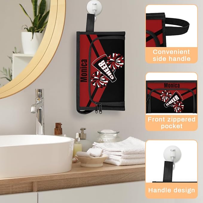 Custom-Makeup-Bag Personalized Travel Toiletry Bag Text Customized Cheer Makeup Bags Cosmetic Bags for Women With Divider & Handle Red
