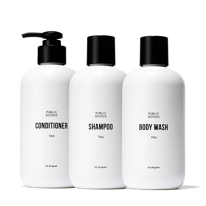 Public Goods Shower Essentials for Men and Women | Natural Shampoo, Conditioner & Body Wash | Made with Organic Essential Oils | Sulfate & Paraben Free | Vegan Friendly | 12 Fl Oz Bottles