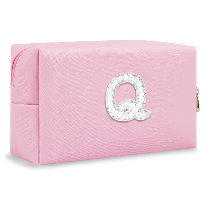 ChaoGreat Bride Gifts – Personalized Initial Makeup Bag with Pearl Rhinestone Patch, Preppy Pink Monogram Cosmetic/Toiletry Pouch, bridesmaid Gifts, Bridal Shower Gifts, Wedding Gifts, Bridal Gifts,Q
