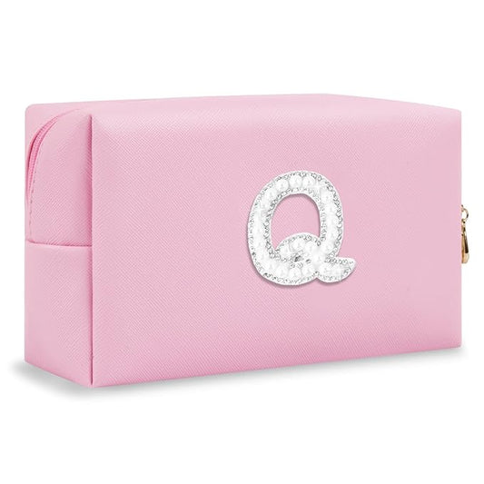 ChaoGreat Bride Gifts – Personalized Initial Makeup Bag with Pearl Rhinestone Patch, Preppy Pink Monogram Cosmetic/Toiletry Pouch, bridesmaid Gifts, Bridal Shower Gifts, Wedding Gifts, Bridal Gifts,Q