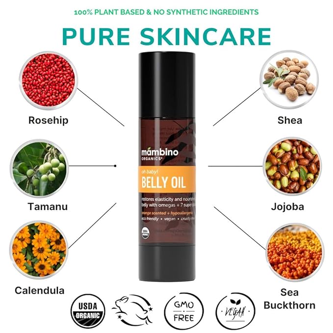 Mambino Organics Oh Baby! Belly Oil for Pregnant Women, Organic Stretch Mark Oil for Pregnancy, Postpartum Skin Elasticity, Hydration, Tamanu, Shea Butter, Calendula, Vegan, Non-GMO, 4 fl oz, 2-Pack