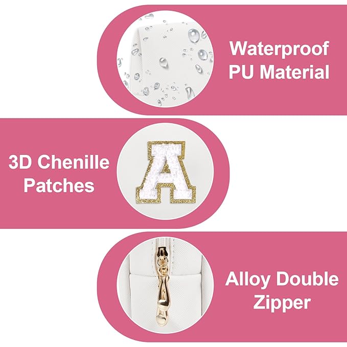 Small Personalized Initial A-Z Preppy Patch Makeup Bag,White PU Chenille Letter Travel Cosmetic Pouch with Zipper,Cute Toiletry Bag,Gift Ideal for Teen Girls Women Teacher Bridesmaid,Letter A