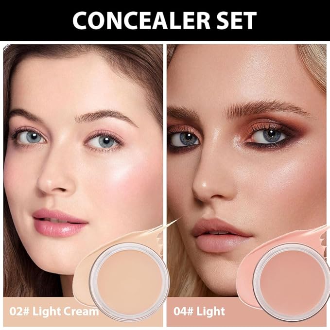 Kaely 2Pcs Pot Concealer Full Coverage Set, Under Eye Brightener Color Correcting Concealer for Dark Circles, Waterproof Foundation Face Makeup Brush Kit, Eye Ring Corrector de ojeras, 02+04