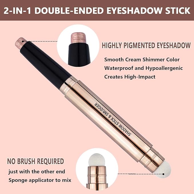 Rose Gold Eyeshadow Stick Makeup, Highlighter Matte Cream Eye Shadow Pencil, Waterproof Hypoallergenic Long Lasting Crayon, Glitter Primer Palette Shimmer Eyeliner Pen wiht Soft Brush