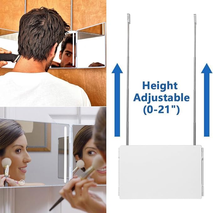 HIEEY 3 Way 360 Trifold Mirror with LED, Height Adjustable Telescoping Hooks,and 5X Magnification for Makeup,Hair Cutting/Styling (White)