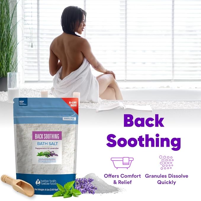 Back Soothing Bath Salt 128 Ounces (8 Lbs) USP Grade Epsom Salt with Natural Peppermint and Lavender Essential Oils Plus Vitamin C Made with Natural Ingredients