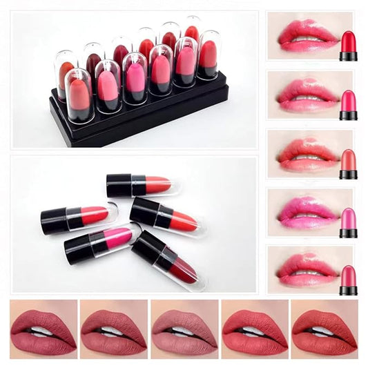 12Pcs Capsule Pills Lipstick Packs - Matte, Metallic, Jelly Magic Lipstick Set for Women - Strawberry Mint Apple Flavor - Long-Lasting, Non-Stick Cup, Waterproof