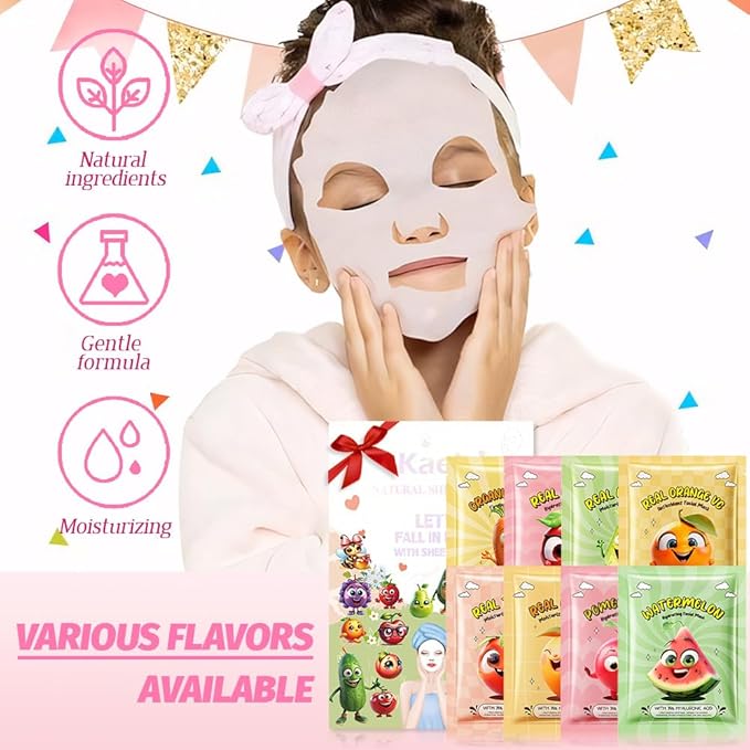 Kaely 8 Pack Fruit Face Masks for Kids, Kids Face Mask Spa Day Kit Supplies, Spa Party Favors for Teens Girls Women, Sheet Facial Mask Skincare Gifts Set, Moisturize Soothe for All Skin Types, 02
