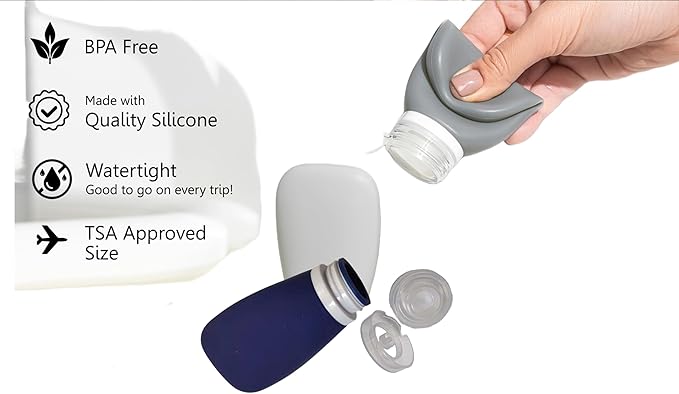Travel Bottles for Toiletries, TSA Approved 3oz Leak Proof Silicone Refillable Squeeze Travel Size Containers BPA Free for Cleansers, Lotions, Shampoo 4pk color (P,G,Blk,Blue)