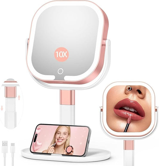 Makeup Mirror with Lights, 1X/10X Magnifying Vanity Mirror with 3 Colors, 2000mAh Rechargeable Double Sided Magnifying Mirror, Height Brightness Adjustable, 360° Rotation Vanity