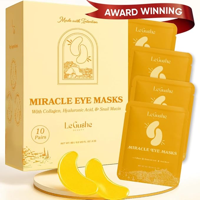 LE GUSHE Gold Under Eye Patches for Puffy Eyes and Dark Circles (10 Pairs) - Hydrating Collagen Under Eye Masks with Snail Mucin - Soothing Puffy Eyes Treatment for Women & Men - Bridesmaid Gifts