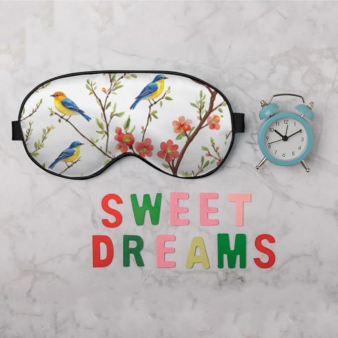 Cute Blue Birds Sleep Eye Mask Eye Cover Tree Branch Green Leaves Red Flower Silk Eye Mask for Sleeping with Adjustable Strap for Travel Nap Shift Work Office