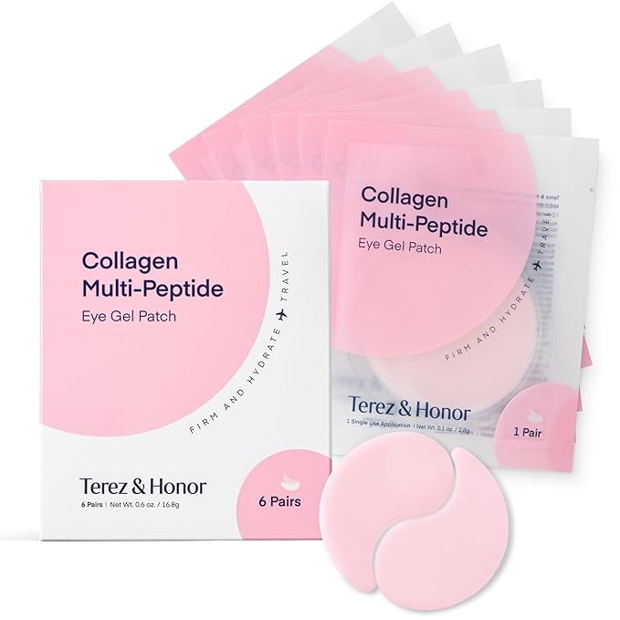 TEREZ & HONOR Peptide Collagen Hydrogel Eye Patches - 6 Pairs Korean Under Eye Masks for Puffy Eyes, Dark Circles, Wrinkles & Undereye Bags - Firming, Hydrating, Travel & Gift Ready Skincare Eye Pads