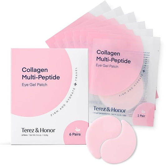 TEREZ & HONOR Peptide Collagen Hydrogel Eye Patches - 6 Pairs Korean Under Eye Masks for Puffy Eyes, Dark Circles, Wrinkles & Undereye Bags - Firming, Hydrating, Travel & Gift Ready Skincare Eye Pads