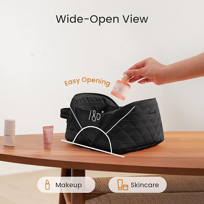 LOVEVOOK Travel Makeup Bag for Women, 2Pcs Set Puffer Waterproof Cosmetic Organizer, Large Capacity Pouch Open Flat Toiletry Bag with Divider & Handle, Portable Gift for Her, Green