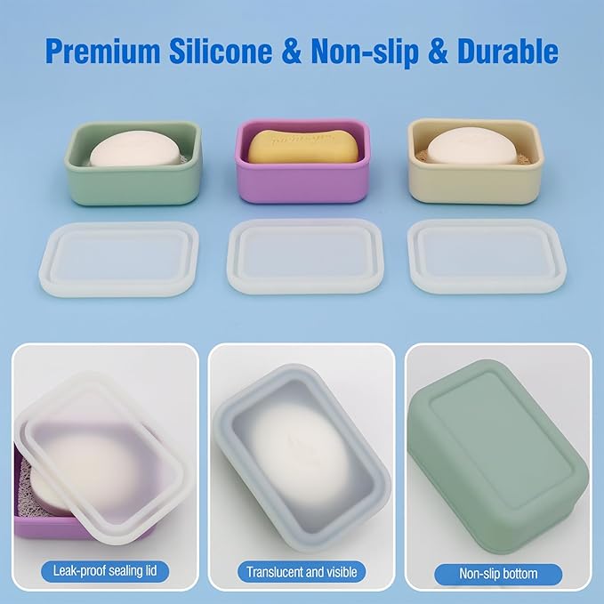 Compact Leakproof Travel Soap Case, Silicone Travel Soap Container, Portable Soap Box with Drainage Layer, Shatterproof Soap Holder for Bathroom, Gym (Gray)