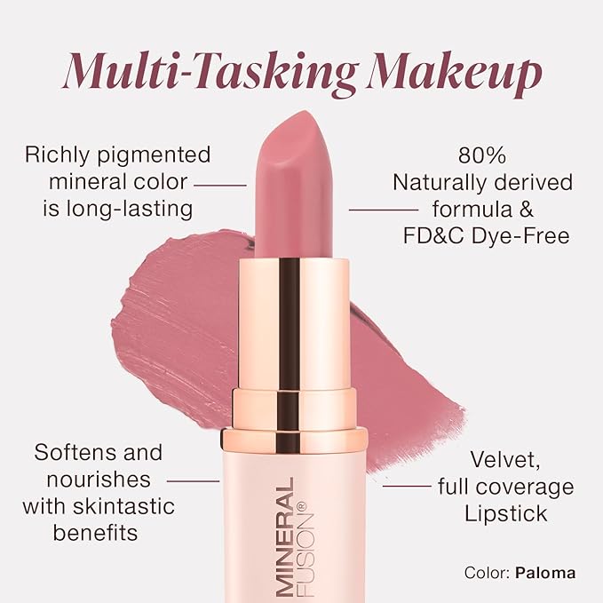 Mineral Fusion Long-Lasting Lipstick, Vivid & Smudge-Free Lip Color with Avocado Oil, Cocoa Seed Butter, Free of FD&C Dyes, Paraben and Gluten, Paloma