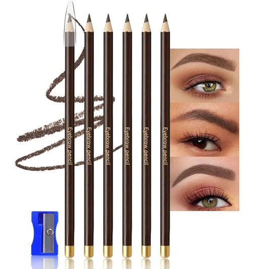 6Pcs Dark Brown Eyebrow Pencils for Women,Wooden Hard-Core Eyebrow Eyeliner Pencil,Sharpener Included,Long Lasting Waterproof Sweat-proof Create a Natural Eye Brow Makeup,Beginner Brow Pencil